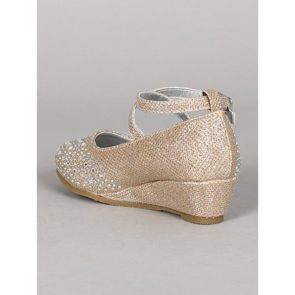 Toddler /Little/ Big Glitter Rhinestone Crisscross Kitten Wedge Heel Pump -RGold - Picture 5 of 5
